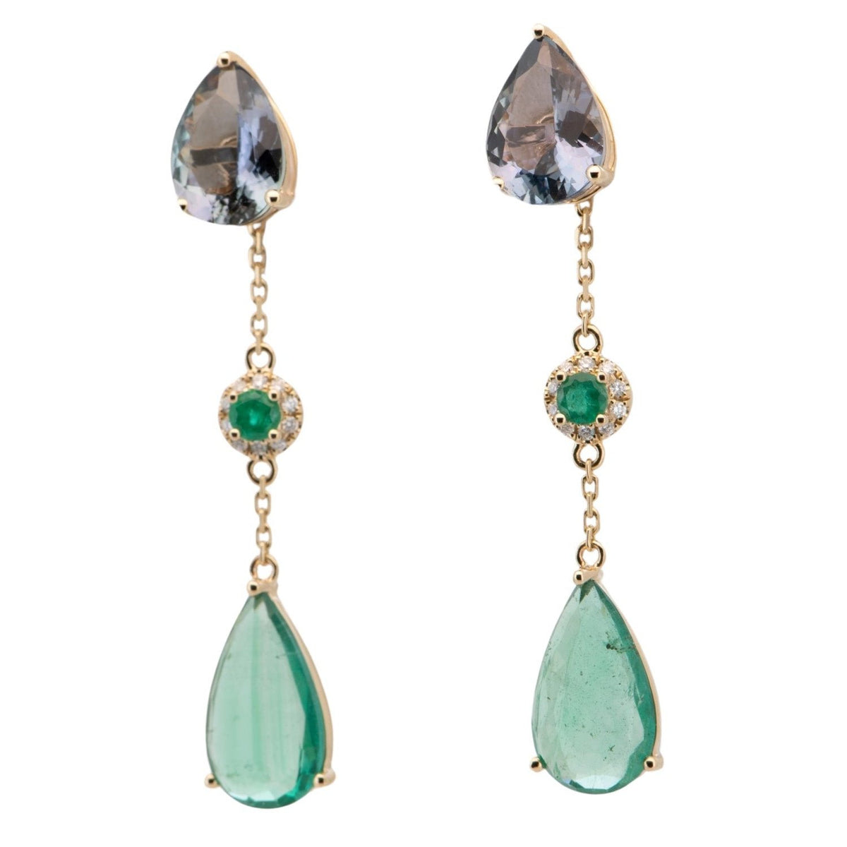 7.59ctw Emerald and Natural Tanzanite Drop Earrings 14K Gold R3237 Aurora Designer
