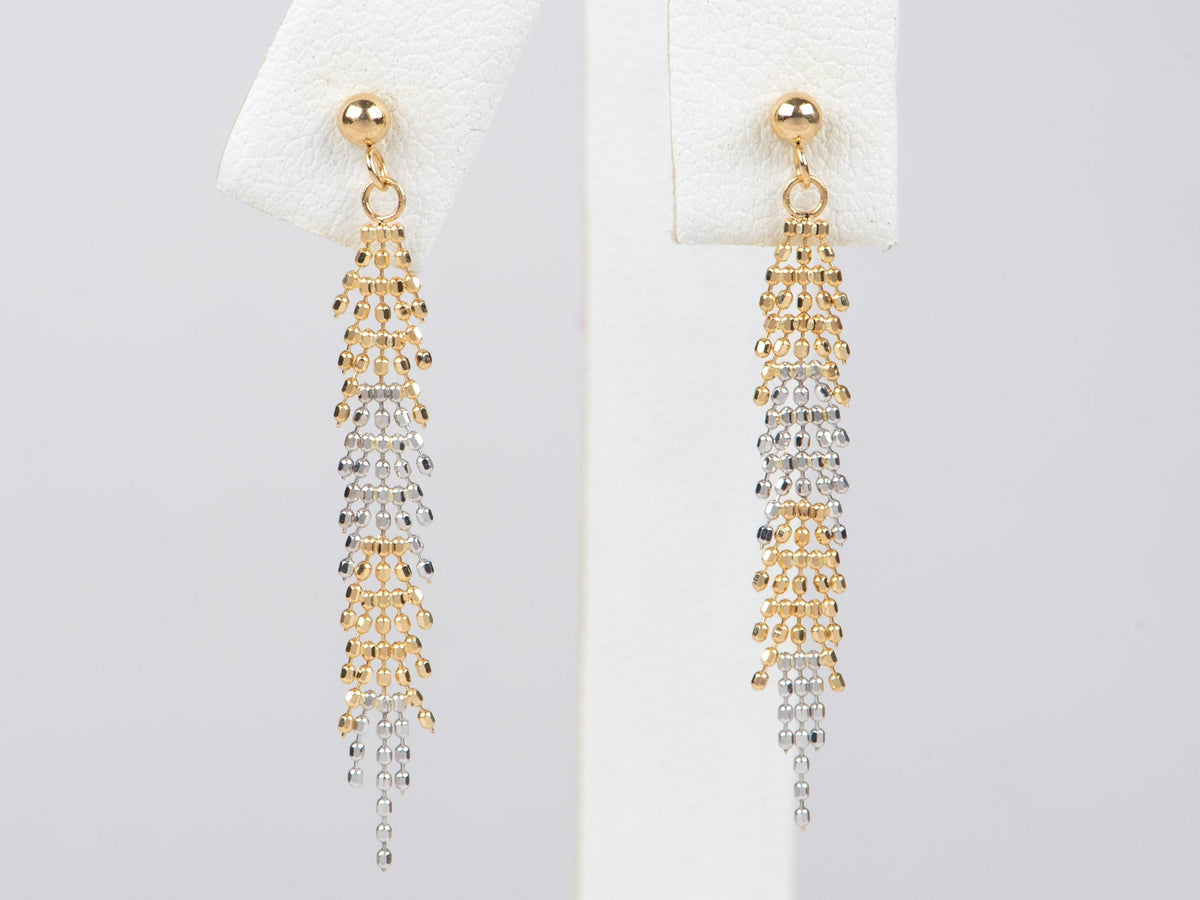 18K Gold Dual Tone Fringe Earrings Moving Long Dangle Earring Great Movement NYE Party Birthday Gift for Her Flowy R3245 Aurora Designer