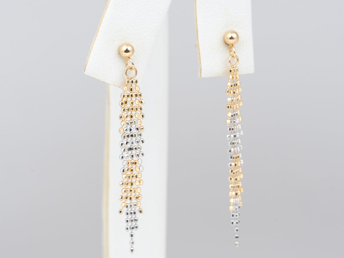 18K Gold Dual Tone Fringe Earrings Moving Long Dangle Earring Great Movement NYE Party Birthday Gift for Her Flowy R3245 Aurora Designer