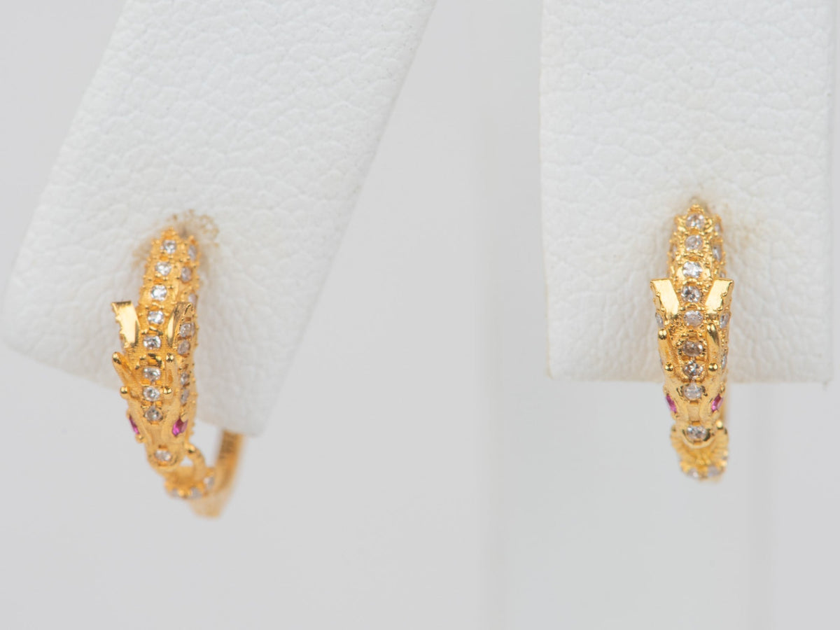 18K Gold Chinese Dragon Earrings Huggies with Diamond and Ruby Lightweight R3249 Aurora Designer