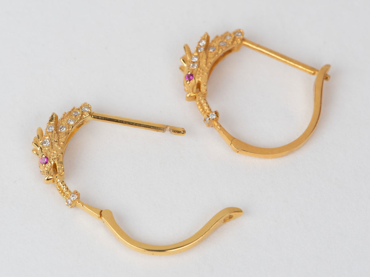 18K Gold Chinese Dragon Earrings Huggies with Diamond and Ruby Lightweight R3249 Aurora Designer