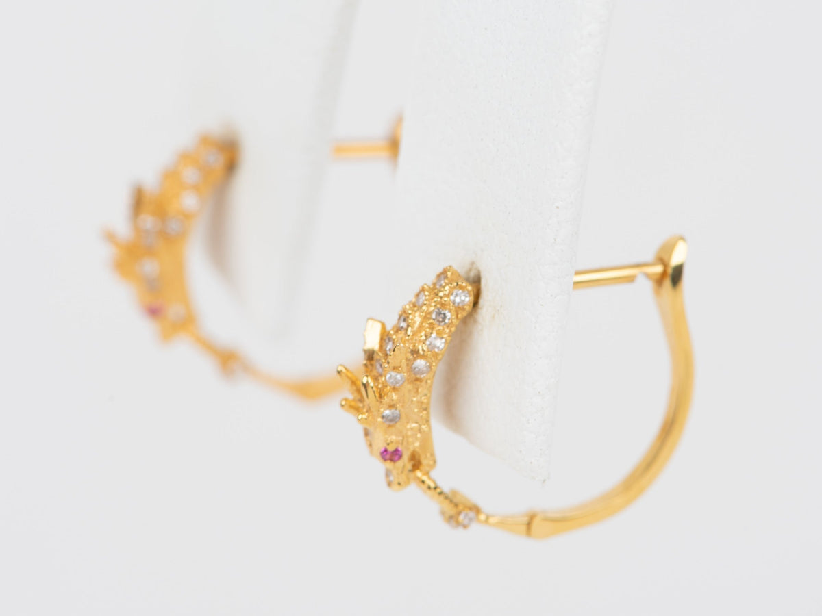 18K Gold Chinese Dragon Earrings Huggies with Diamond and Ruby Lightweight R3249 Aurora Designer