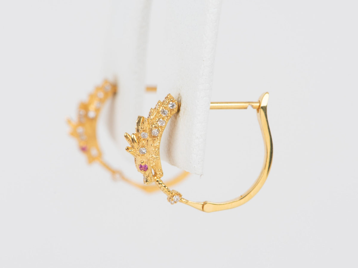 18K Gold Chinese Dragon Earrings Huggies with Diamond and Ruby Lightweight R3249 Aurora Designer