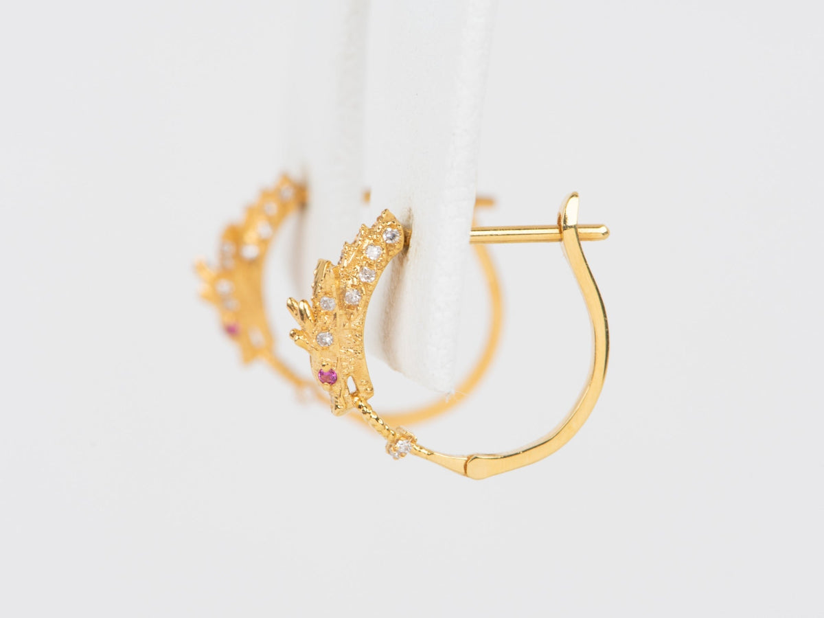 18K Gold Chinese Dragon Earrings Huggies with Diamond and Ruby Lightweight R3249 Aurora Designer