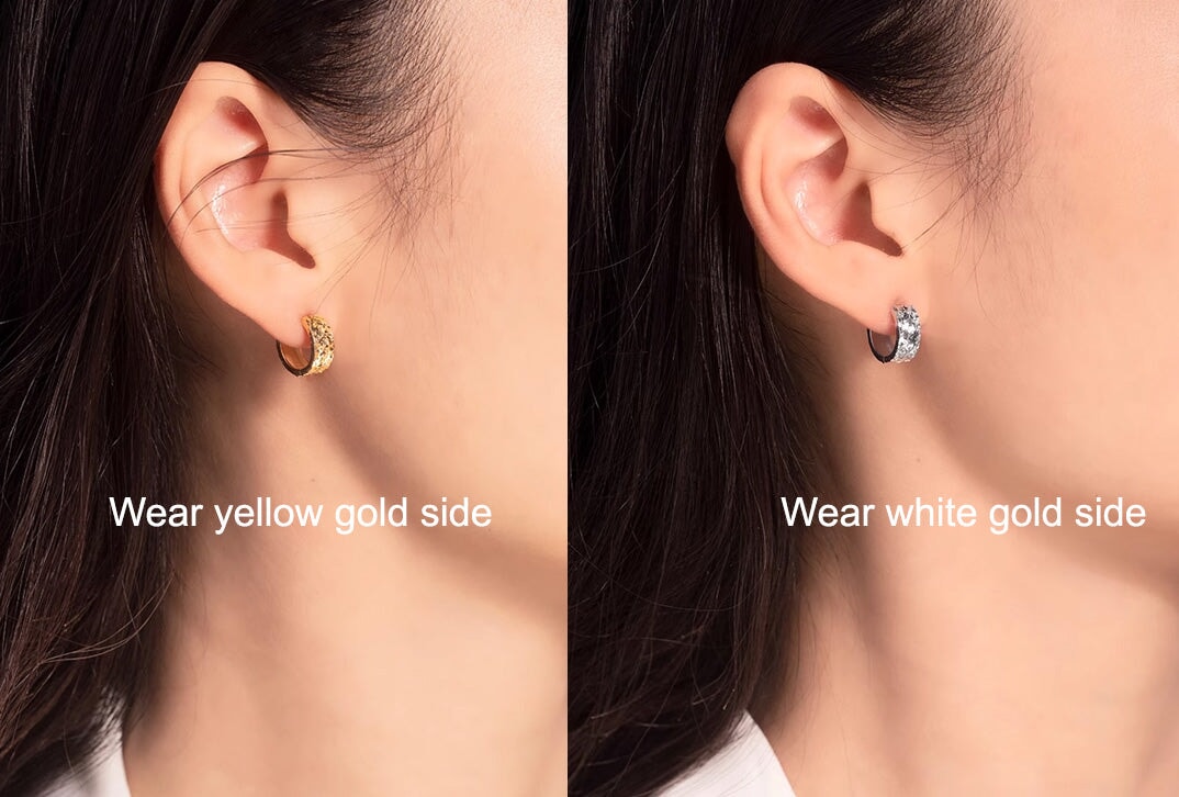 18K Gold 12mm Dual-Tone Sparkle Huggie Earrings Wear Both Sides R3257 Aurora Designer