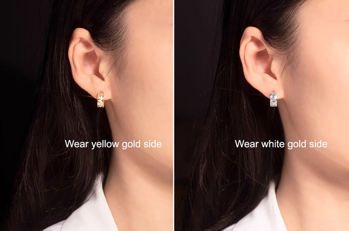 18K Gold 12mm Dual-Tone Sparkle Huggie Earrings Wear Both Sides R3257 Aurora Designer