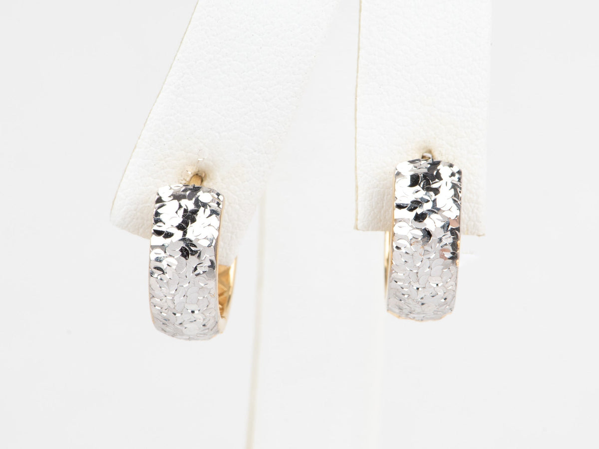 18K Gold Dual Tone Huggie Earrings Wear Both Sides Yellow and White Gold Diamond Cut Sparkly Huggie Earrings 3.86g R3260 Aurora Designer