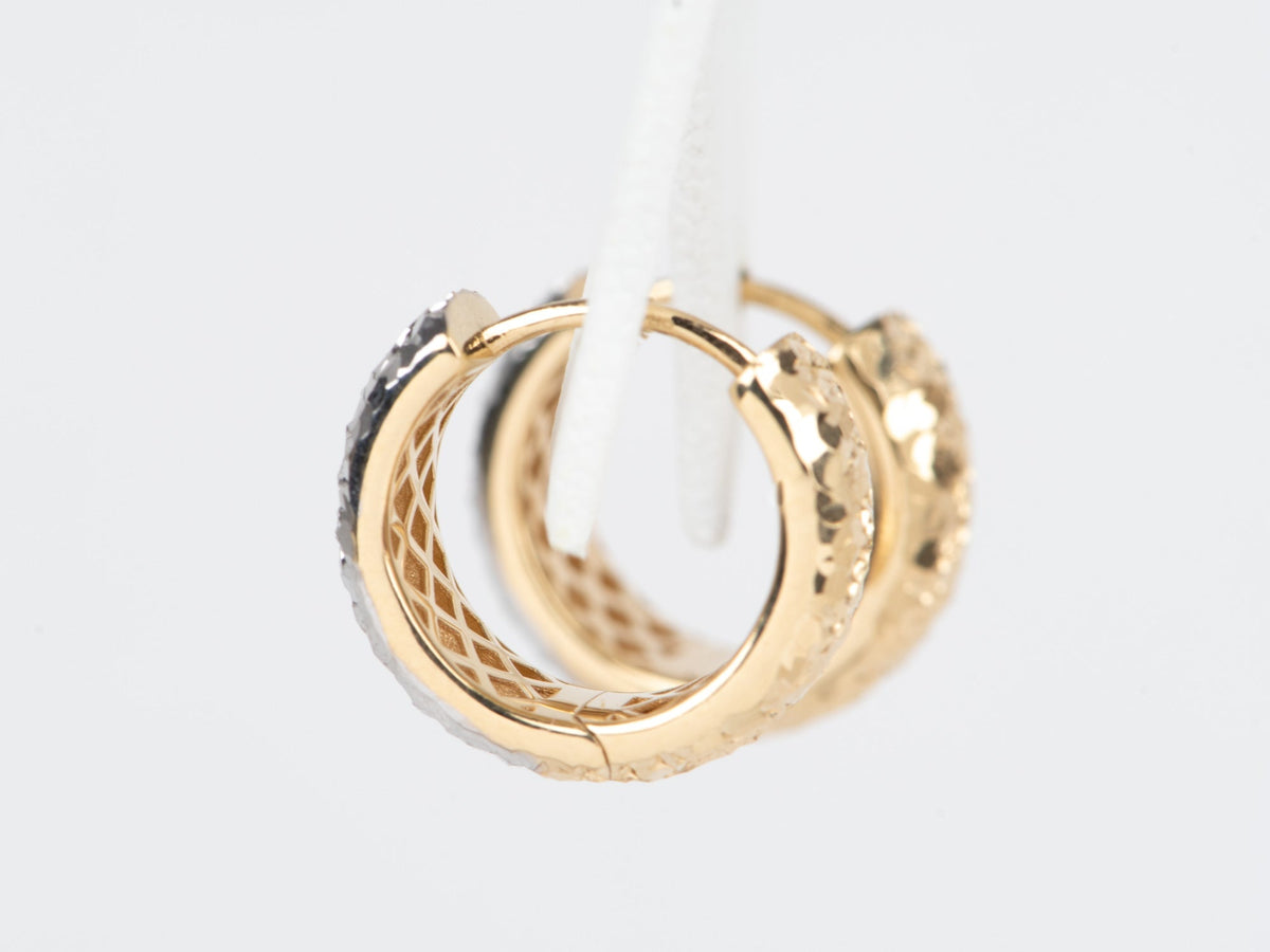 18K Gold Dual Tone Huggie Earrings Wear Both Sides Yellow and White Gold Diamond Cut Sparkly Huggie Earrings 3.86g R3260 Aurora Designer