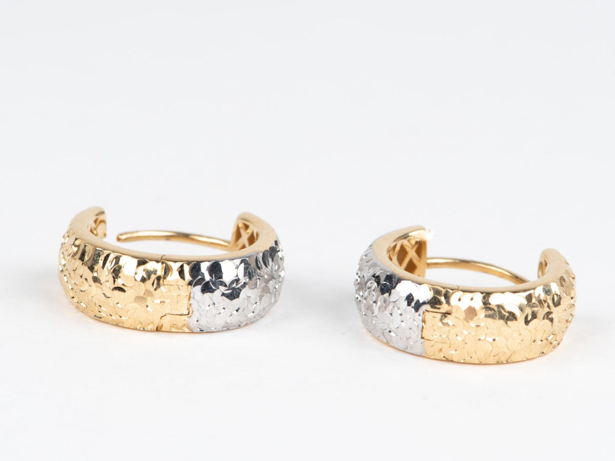 18K Gold Dual Tone Huggie Earrings Wear Both Sides Yellow and White Gold Diamond Cut Sparkly Huggie Earrings 3.86g R3260 Aurora Designer