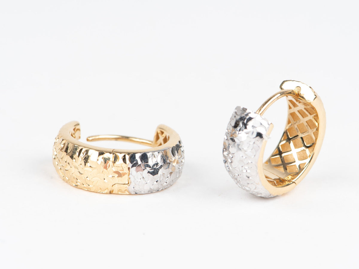 18K Gold Dual Tone Huggie Earrings Wear Both Sides Yellow and White Gold Diamond Cut Sparkly Huggie Earrings 3.86g R3260 Aurora Designer