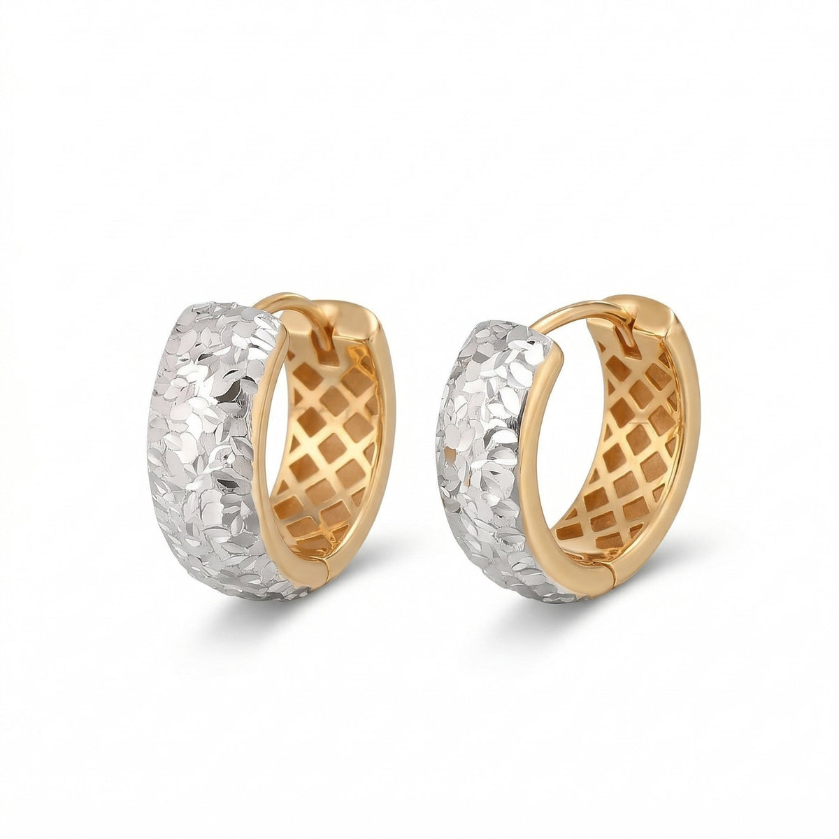 18K Gold Dual Tone Huggie Earrings Wear Both Sides Yellow and White Gold ~3.8g R3260 Aurora Designer