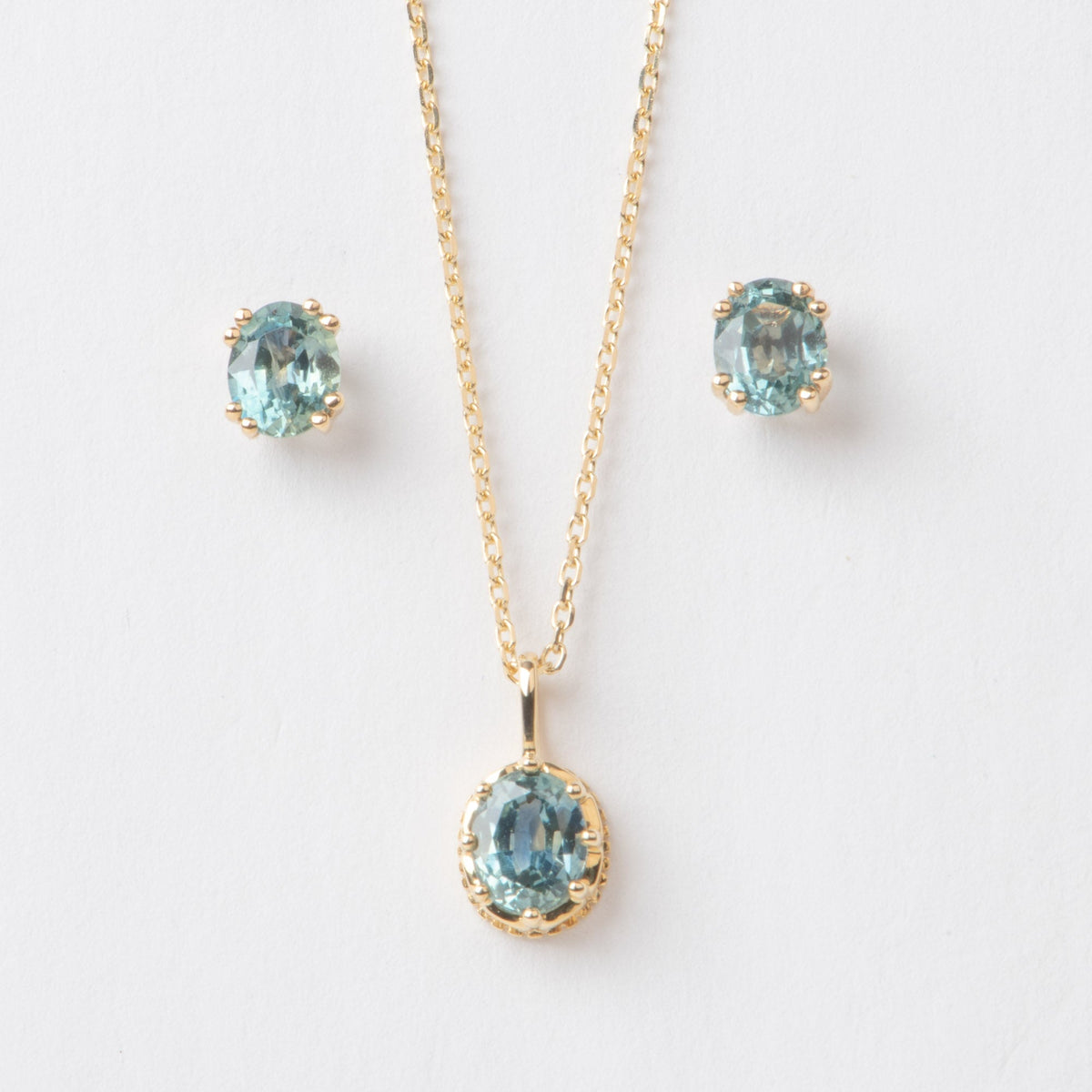 Solid 14K Gold Montana Sapphire Earrings and Necklace Pendant Set Aurora Designer