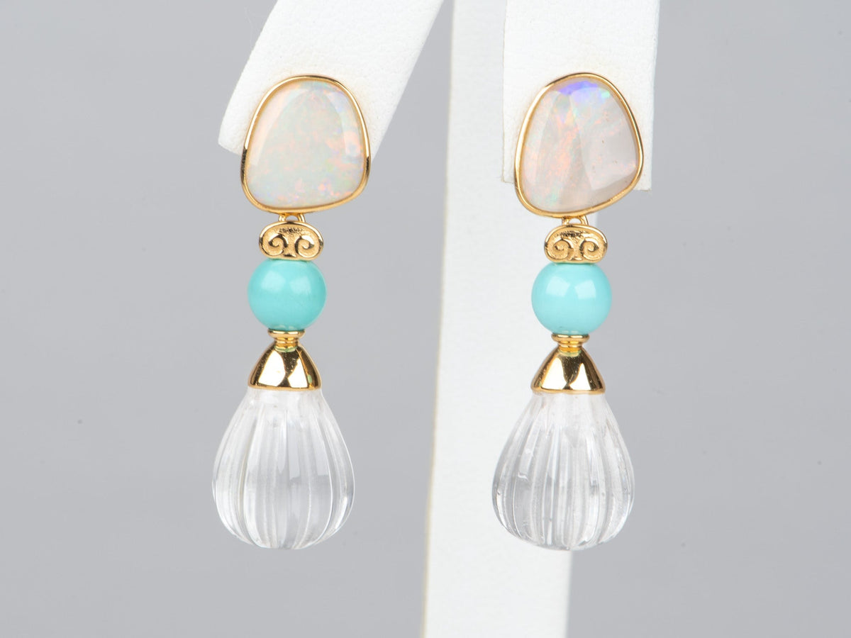 18K Gold Dangle Earrings with Australian Opal Turquoise Quartz R3264 Aurora Designer