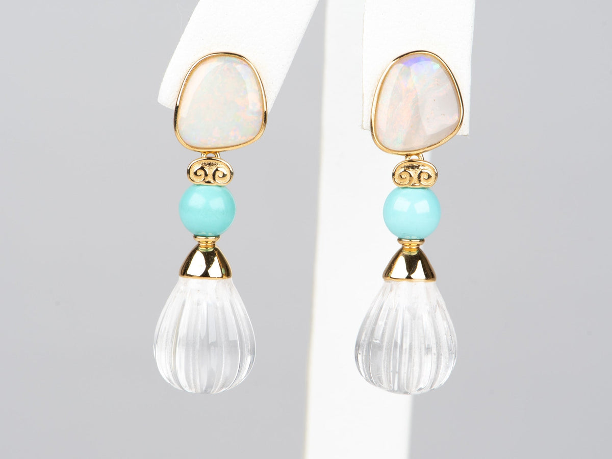 18K Gold Dangle Earrings with Australian Opal Turquoise Quartz R3264 Aurora Designer