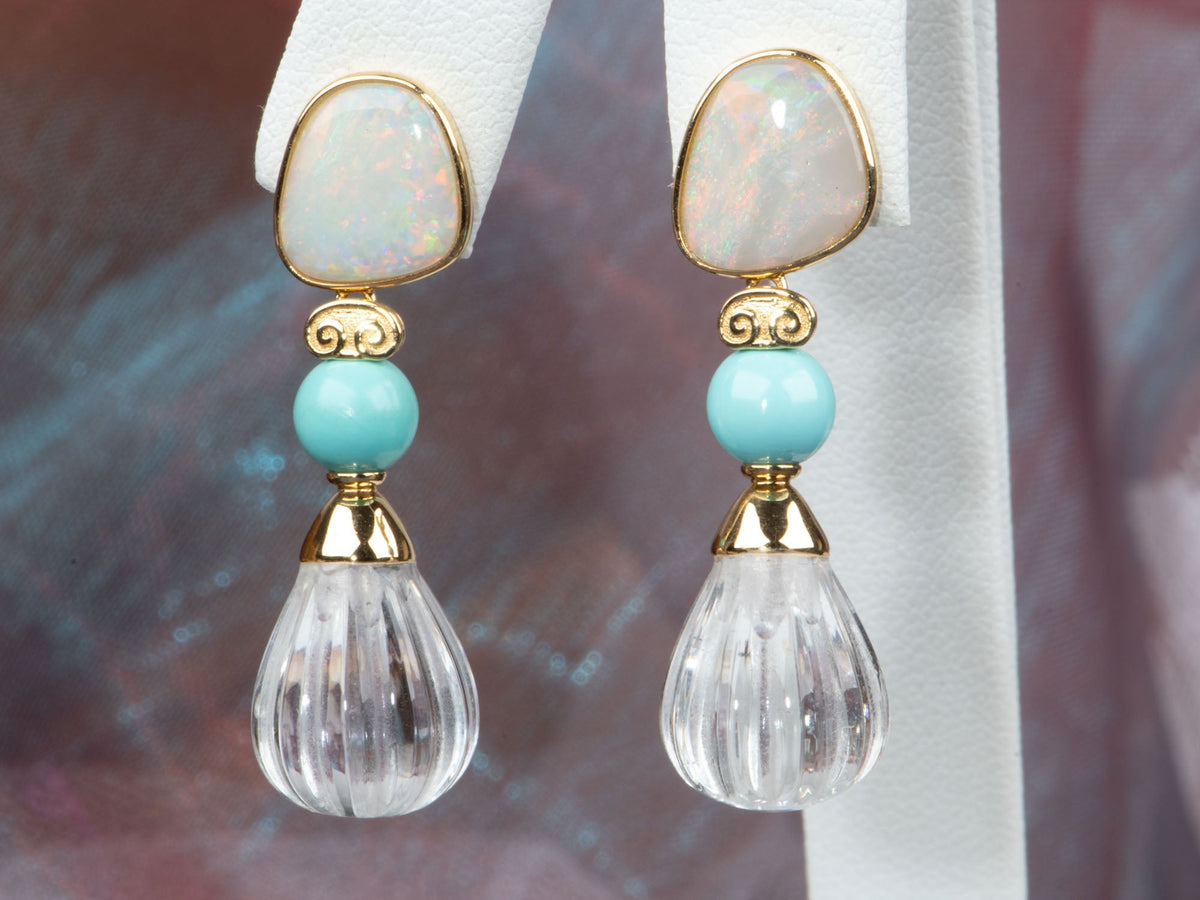 18K Gold Dangle Earrings with Australian Opal Turquoise Quartz R3264 Aurora Designer