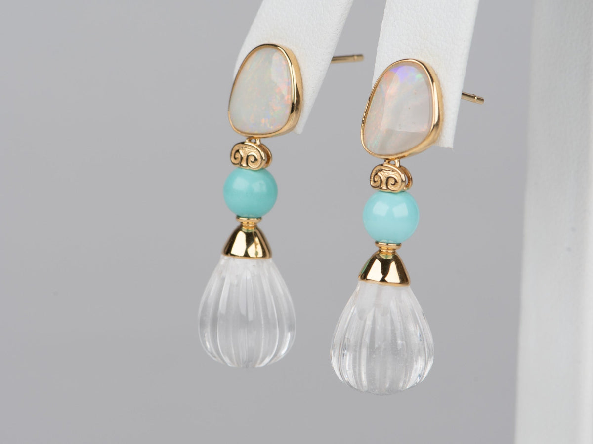 18K Gold Dangle Earrings with Australian Opal Turquoise Quartz R3264 Aurora Designer