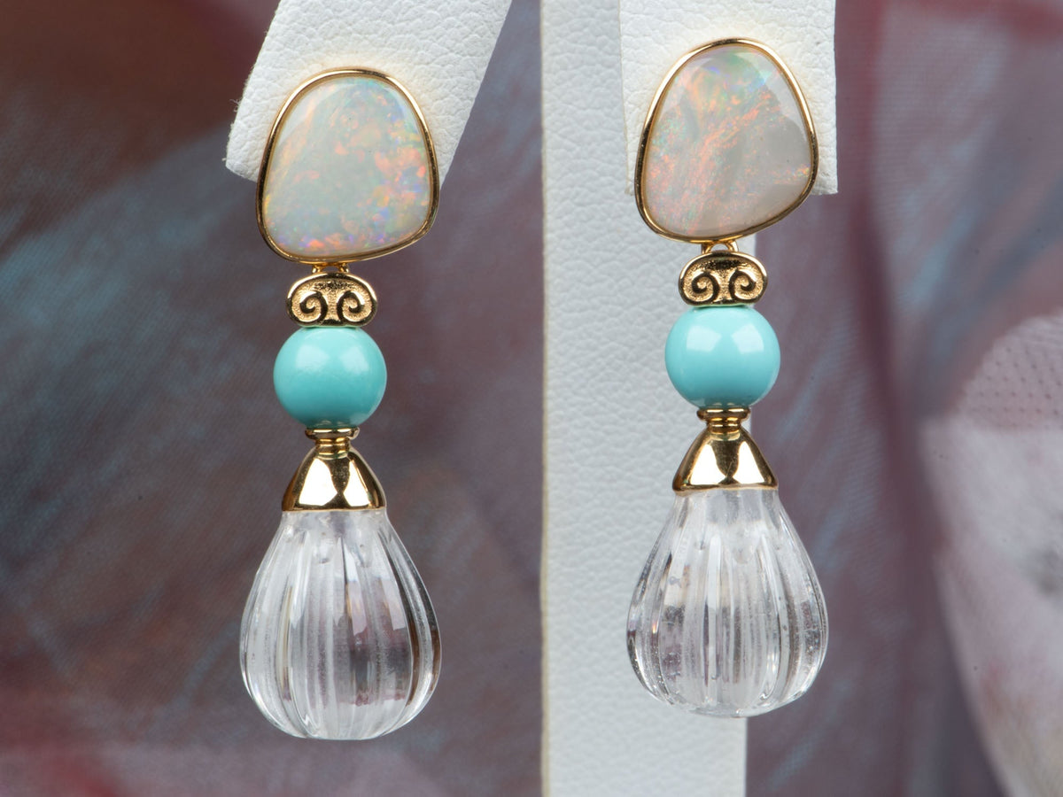 18K Gold Dangle Earrings with Australian Opal Turquoise Quartz R3264 Aurora Designer