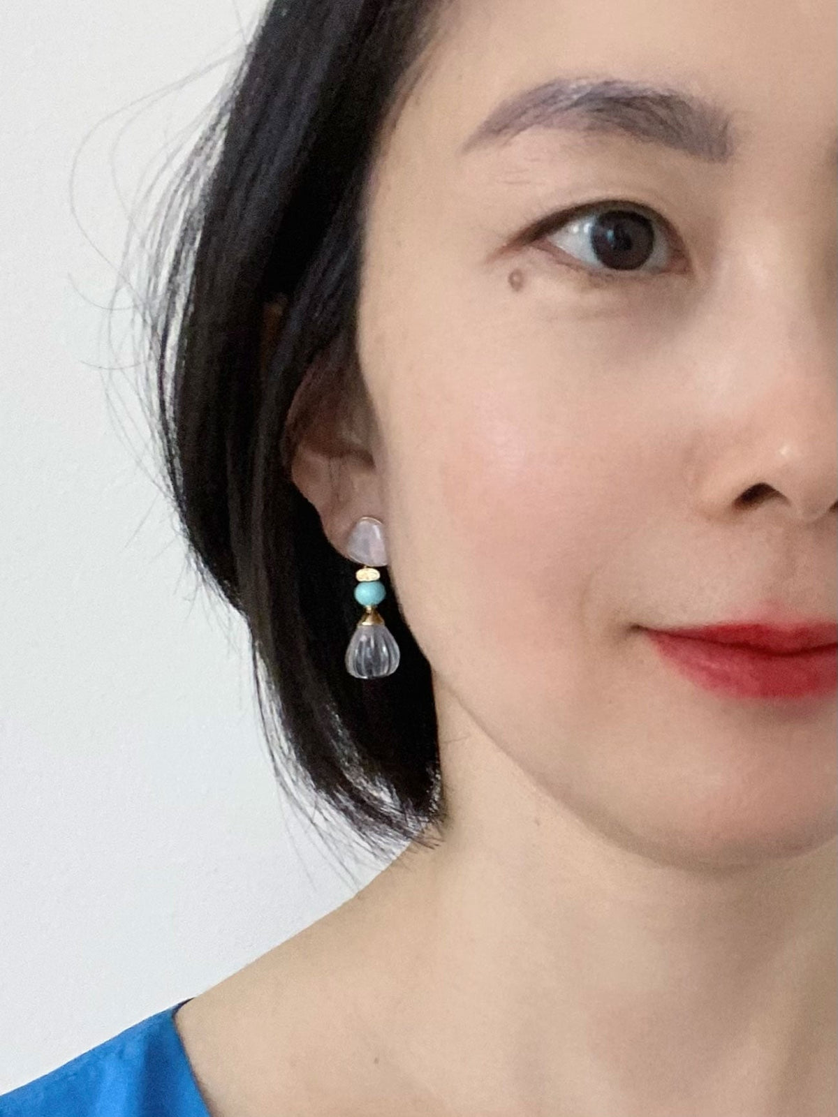 18K Gold Dangle Earrings with Australian Opal Turquoise Quartz R3264 Aurora Designer