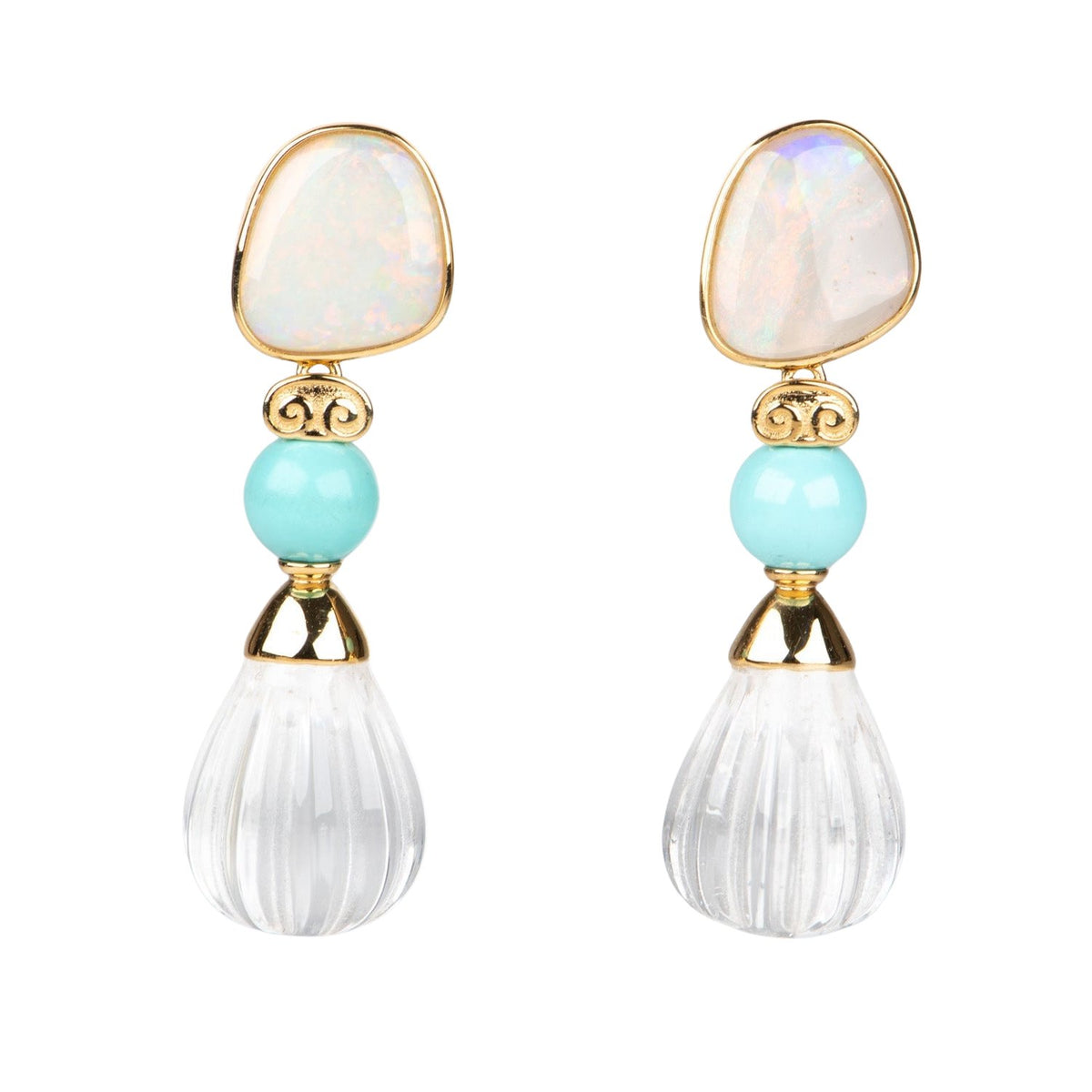 18K Gold Dangle Earrings with Australian Opal Turquoise Quartz R3264 Aurora Designer