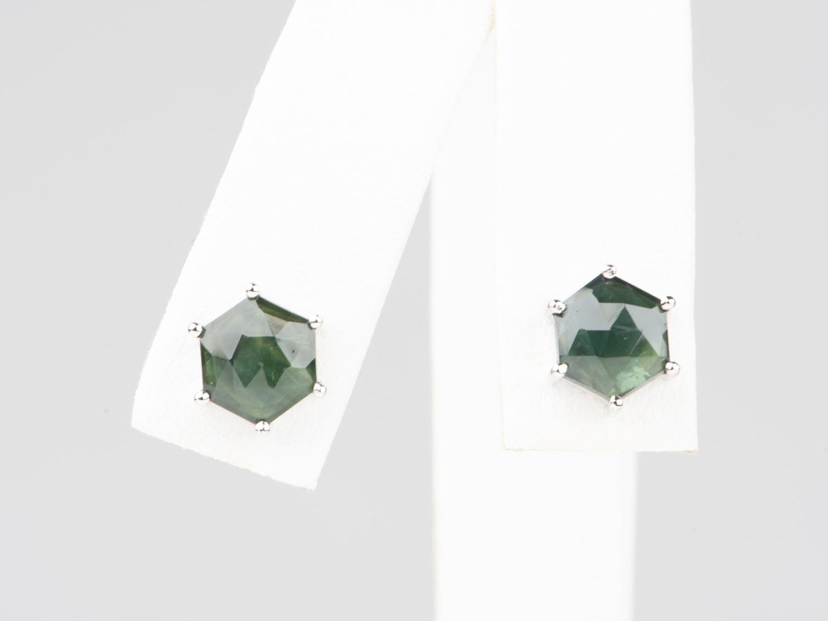 14K White Gold Hexagon Shape Madagascar Sapphire Ear Studs Earrings R3265 Aurora Designer