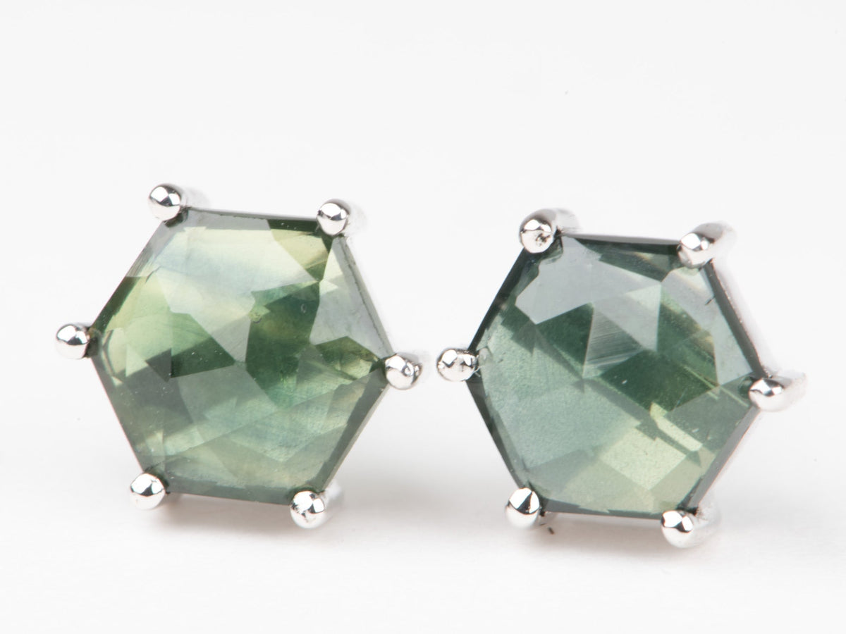 14K White Gold Hexagon Shape Madagascar Sapphire Ear Studs Earrings R3265 Aurora Designer