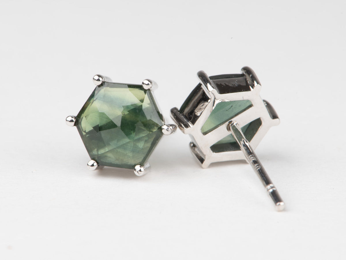 14K White Gold Hexagon Shape Madagascar Sapphire Ear Studs Earrings R3265 Aurora Designer