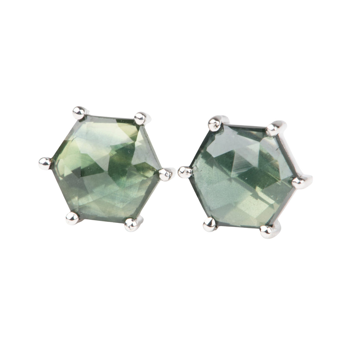 14K White Gold Hexagon Shape Madagascar Sapphire Ear Studs Earrings R3265 Aurora Designer