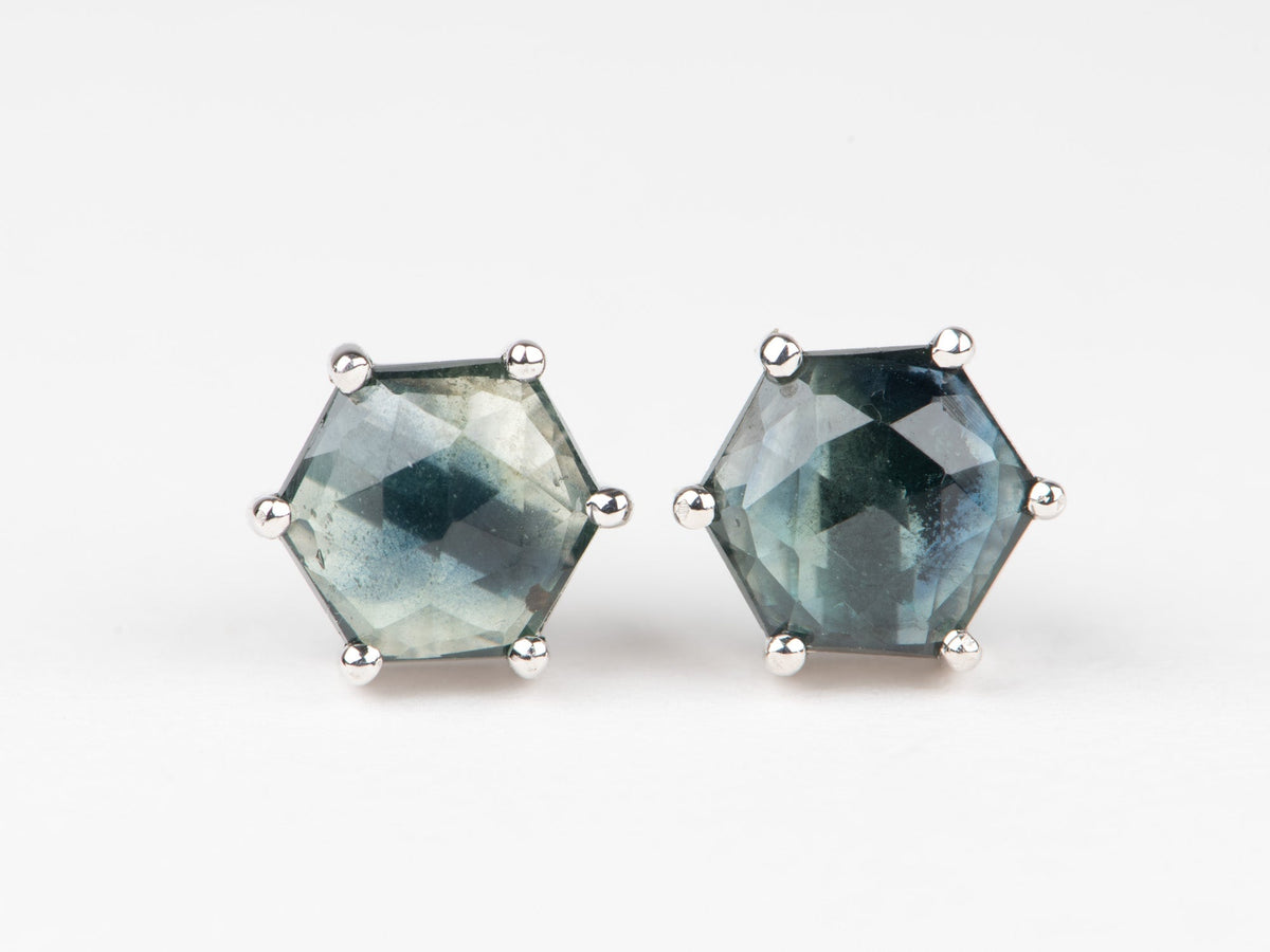 14K White Gold Hexagon Shape Madagascar Sapphire Ear Studs Earrings R3265 Aurora Designer