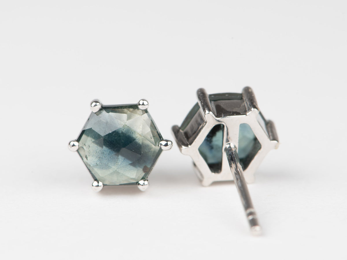 14K White Gold Hexagon Shape Madagascar Sapphire Ear Studs Earrings R3265 Aurora Designer
