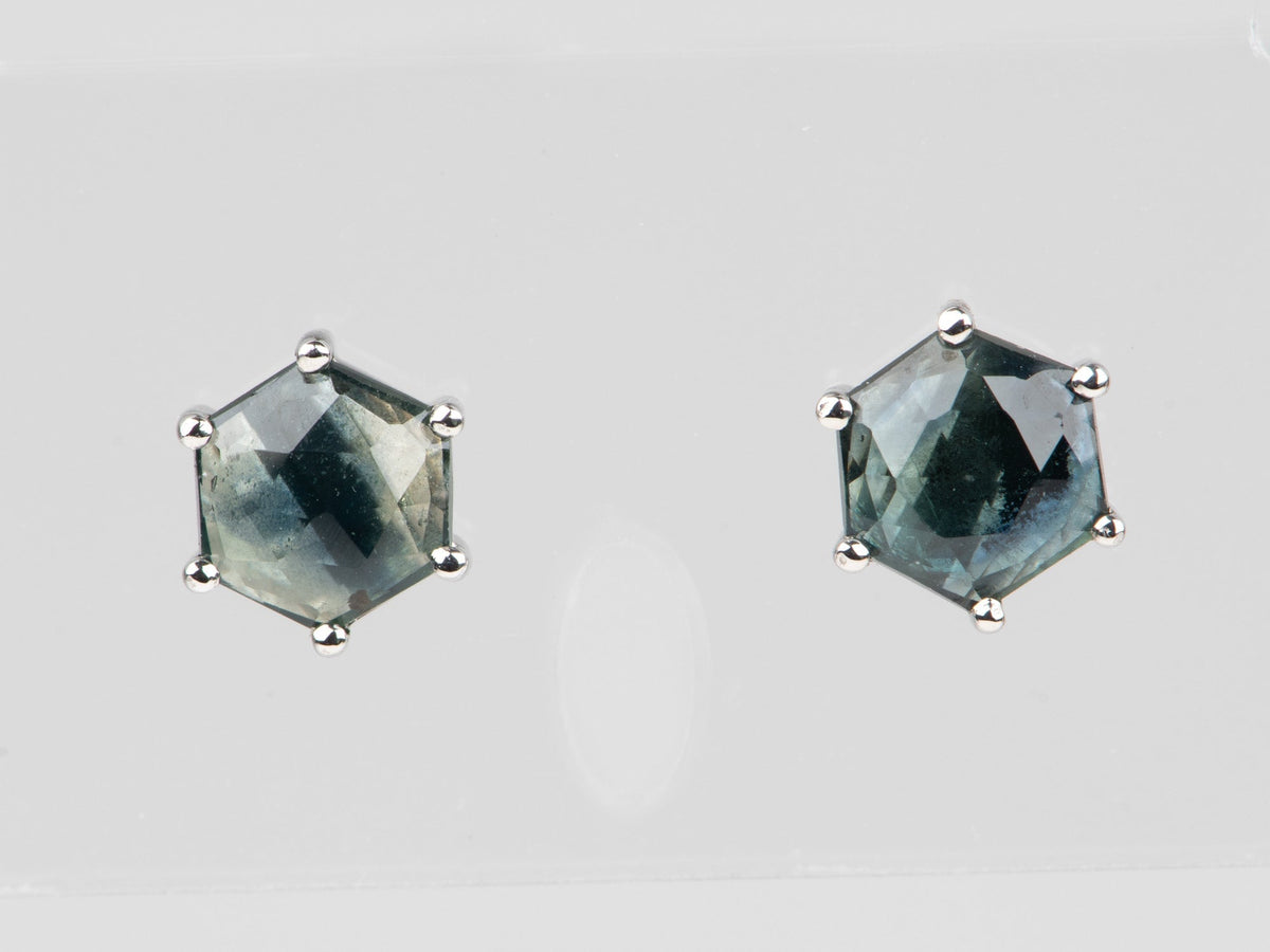 14K White Gold Hexagon Shape Madagascar Sapphire Ear Studs Earrings R3265 Aurora Designer