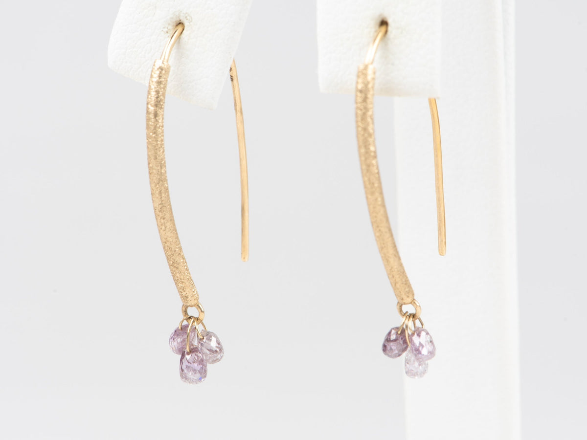 Natural Pink Diamond Briolette Earrings 14K Gold Earth-Mined Real Gemstone Dangling Ear Wire Dainty Sparkly Faceted R3267 Aurora Designer