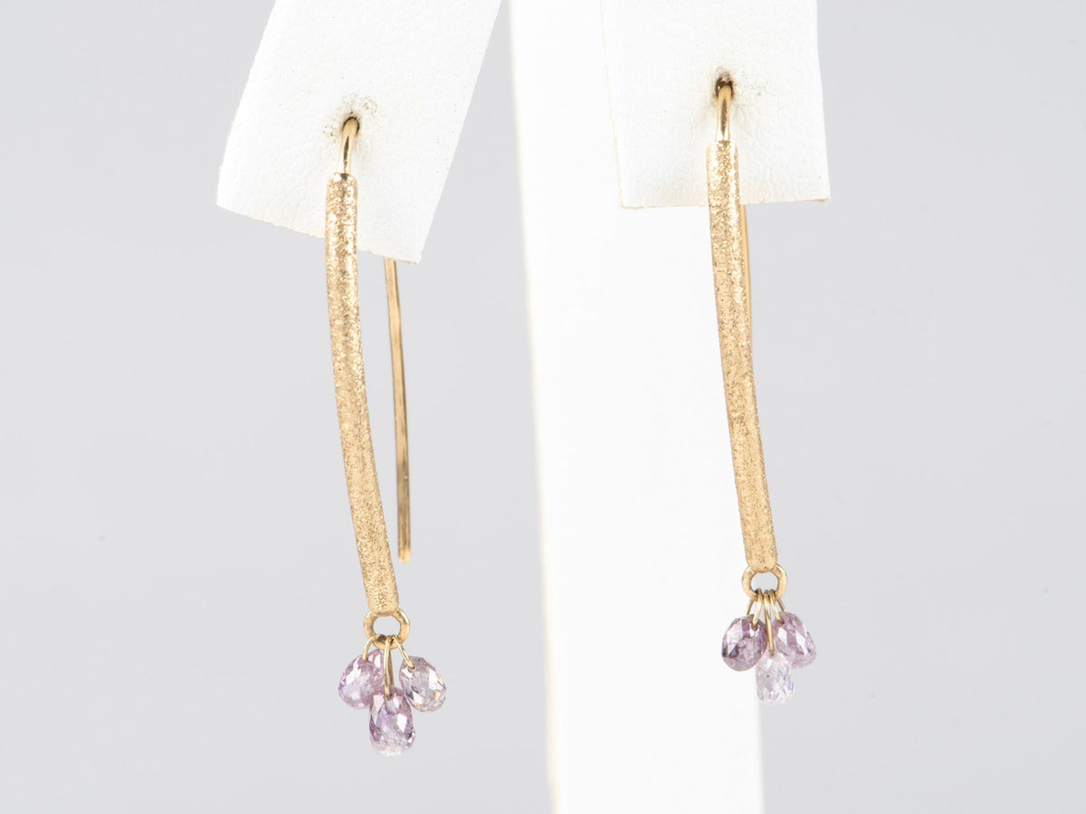 Natural Pink Diamond Briolette Earrings 14K Gold Earth-Mined Real Gemstone Dangling Ear Wire Dainty Sparkly Faceted R3267 Aurora Designer