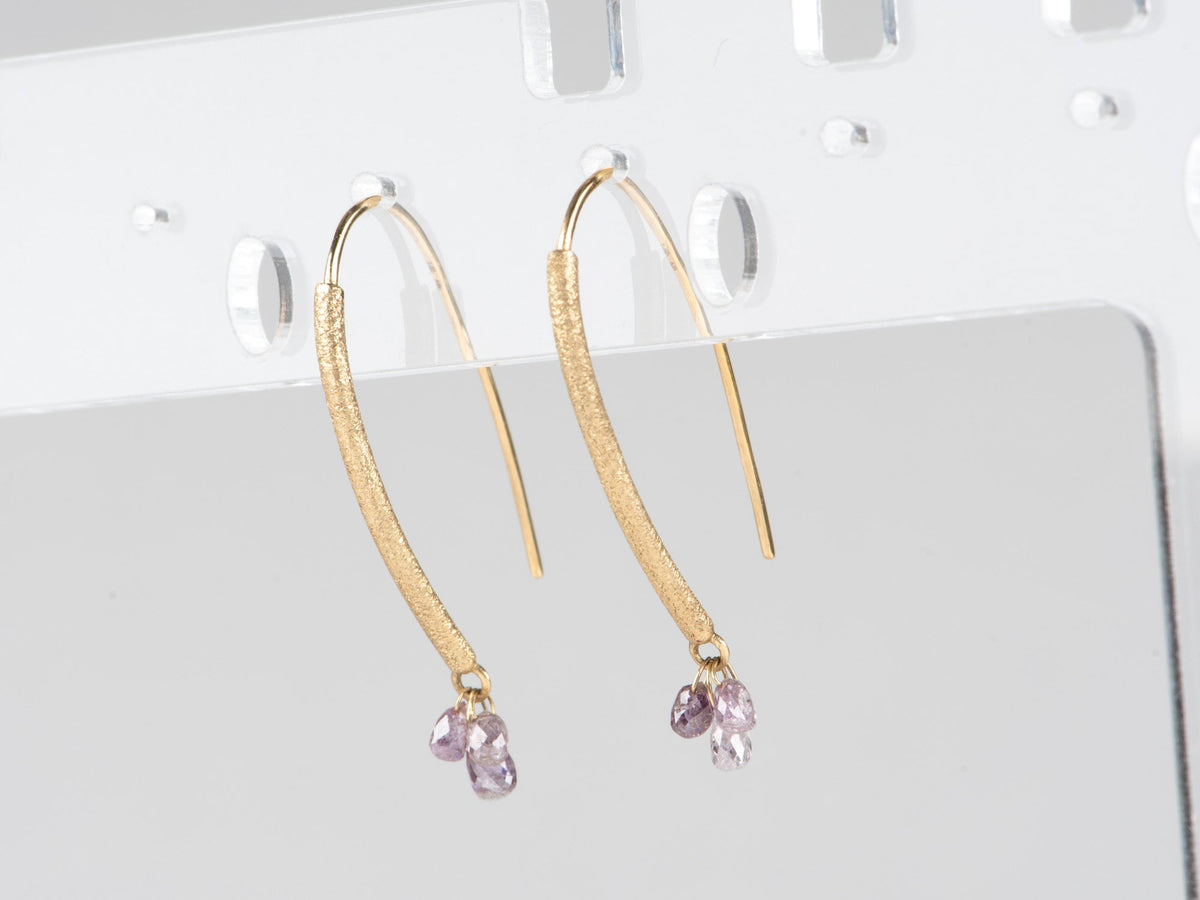 Natural Pink Diamond Briolette Earrings 14K Gold Earth-Mined Real Gemstone Dangling Ear Wire Dainty Sparkly Faceted R3267 Aurora Designer