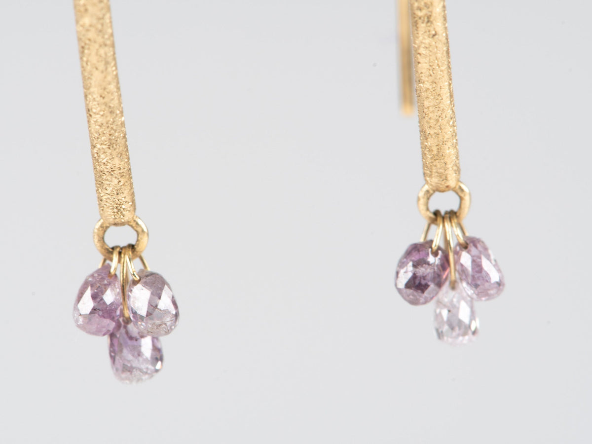 Natural Pink Diamond Briolette Earrings 14K Gold Earth-Mined Real Gemstone Dangling Ear Wire Dainty Sparkly Faceted R3267 Aurora Designer