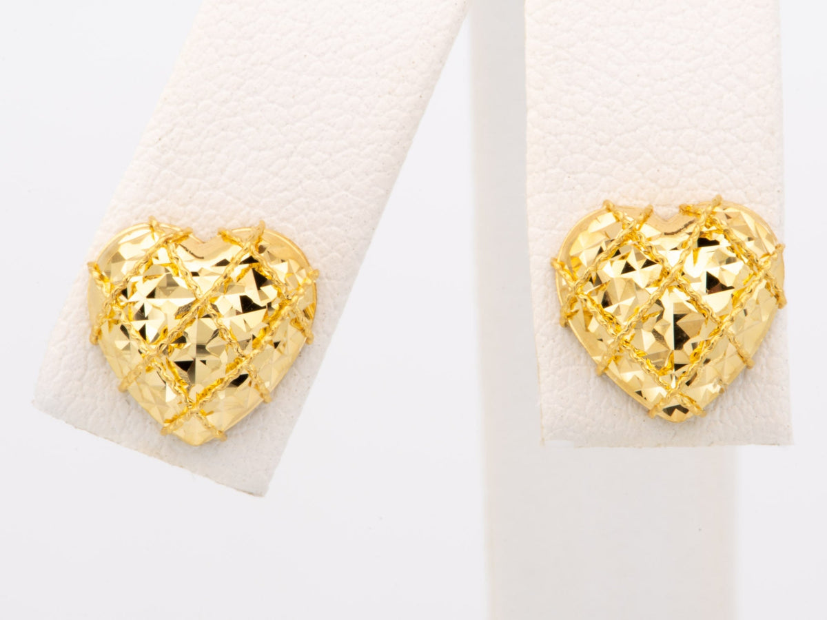 18K Gold Heart Shape Earrings with Solid Gold Ear Backs Sparkly Mirror Cut Love Language R3272 Aurora Designer