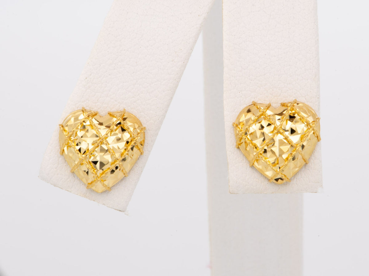 18K Gold Heart Shape Earrings with Solid Gold Ear Backs Sparkly Mirror Cut Love Language R3272 Aurora Designer