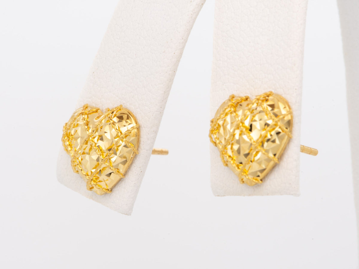 18K Gold Heart Shape Earrings with Solid Gold Ear Backs Sparkly Mirror Cut Love Language R3272 Aurora Designer