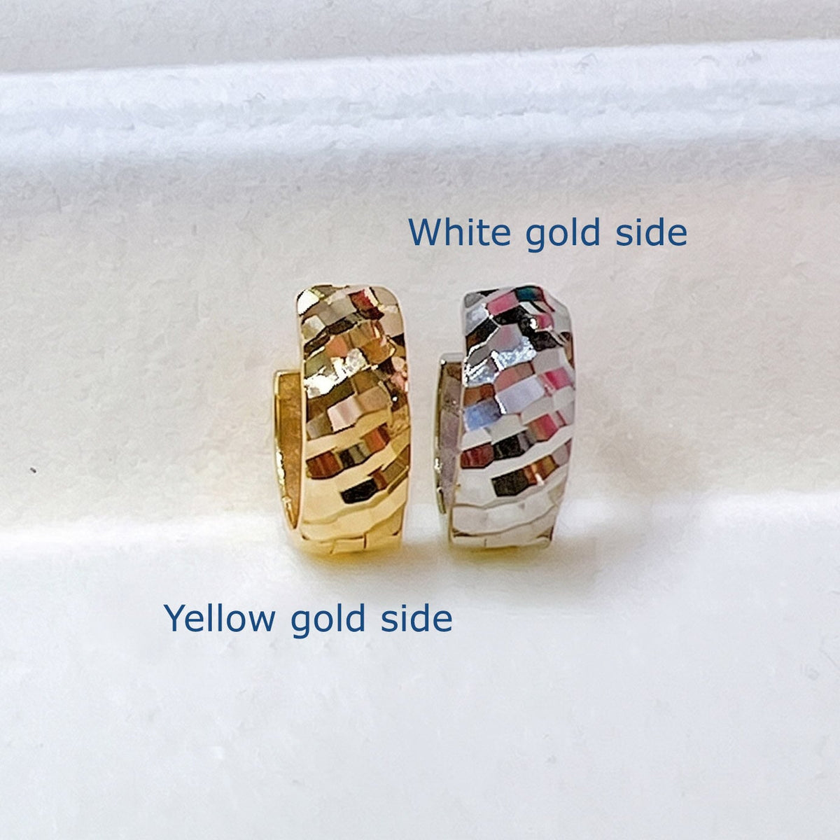 18K Gold Yellow &amp; White Dual-Tone Huggie Earrings Wear Both Sides R3277 Aurora Designer