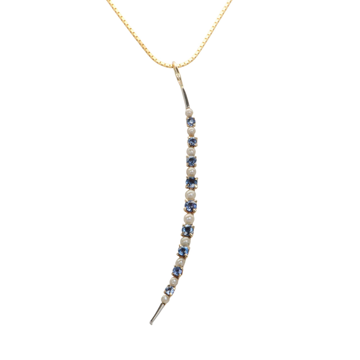 Vintage Crescent Moon Pin Conversion Pendant 14k Yellow Gold Pearl Lab Created Sapphires R4028 Aurora Designer