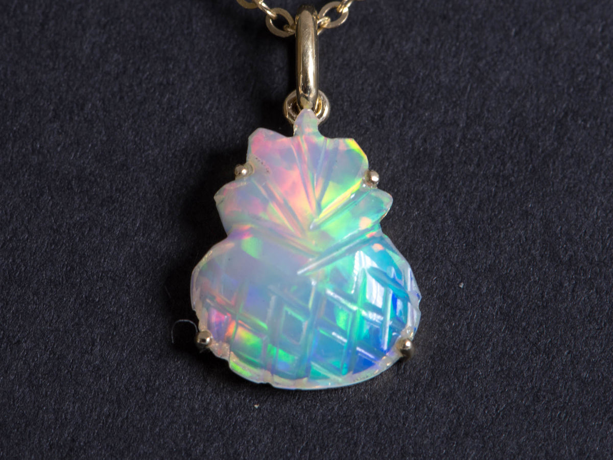 Ethiopian Opal Pineapple Carving Pendant Charm 9K Gold R4077 Aurora Designer