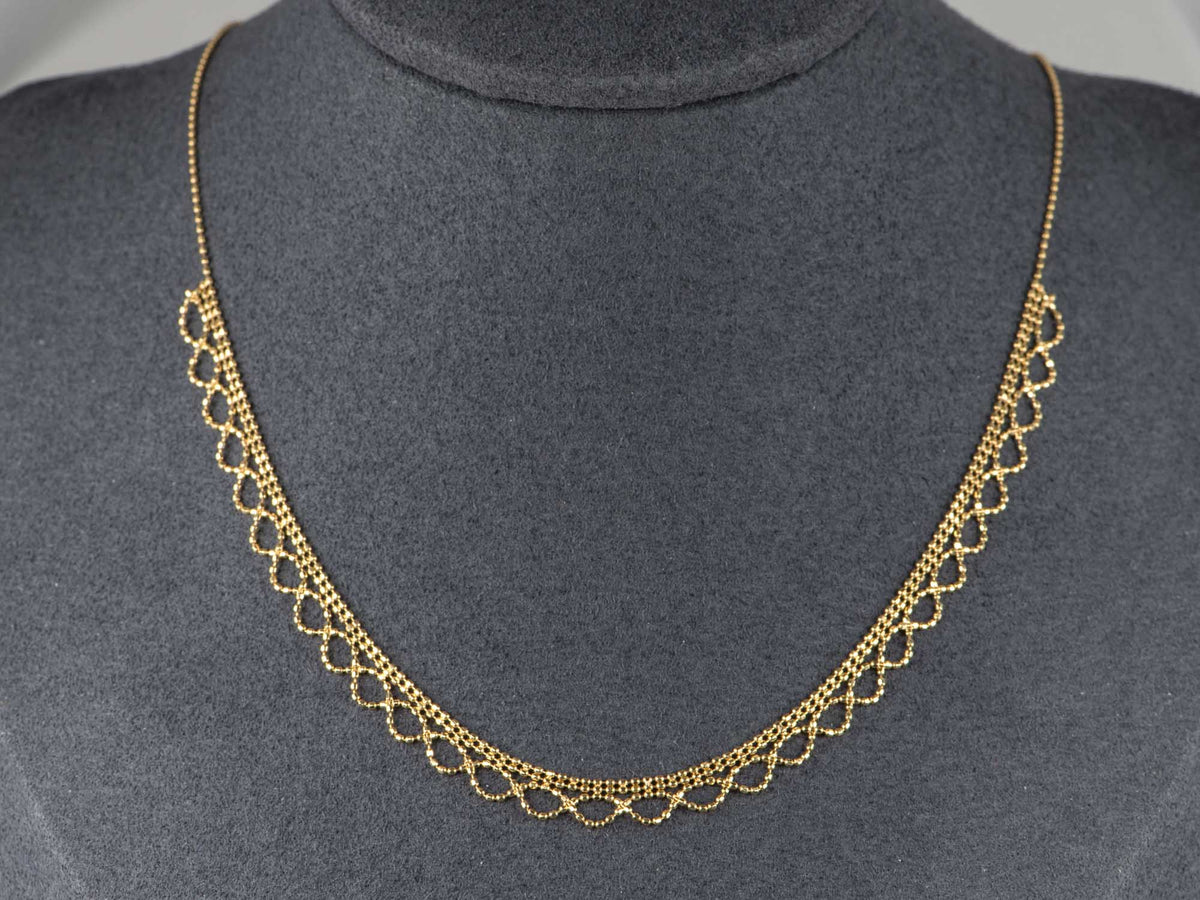 18K Yellow Gold Delicate Beaded Lace Necklace 2.95g Italy Italian Layering Necklace Layer Modern Vintage Inspired Mother's Day Gift R4137 Aurora Designer