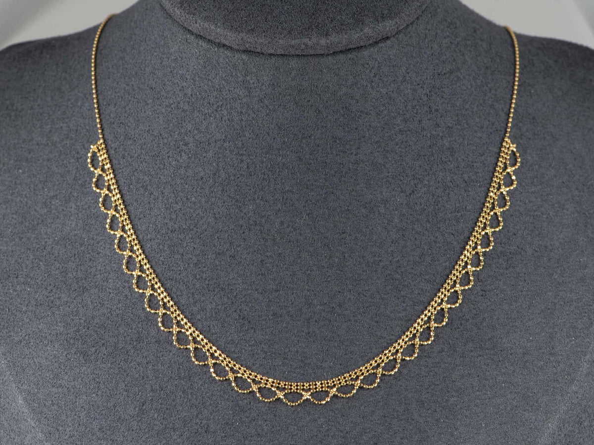 18K Yellow Gold Delicate Beaded Lace Necklace 2.95g Italy Italian Layering Necklace Layer Modern Vintage Inspired Mother's Day Gift R4137 Aurora Designer