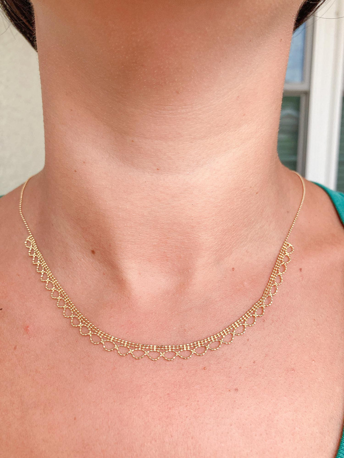 18K Yellow Gold Delicate Beaded Lace Necklace 2.95g Italy Italian Layering Necklace Layer Modern Vintage Inspired Mother's Day Gift R4137 Aurora Designer