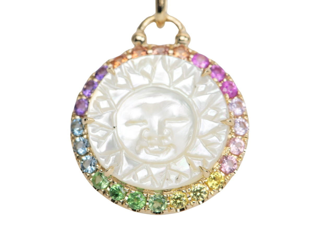 Carved Mother of Pearl Sun and Moon Face Disk Pendant with Rainbow Gemstone Halo 9K Yellow Gold R4172 Aurora Designer