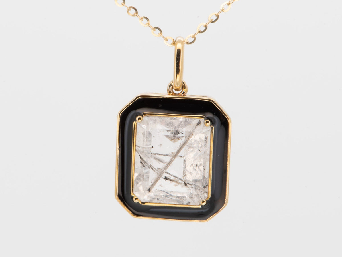 Large Tourmalted Quartz with Black Enamel Halo Pendant Charm 9K Gold R4248 Aurora Designer