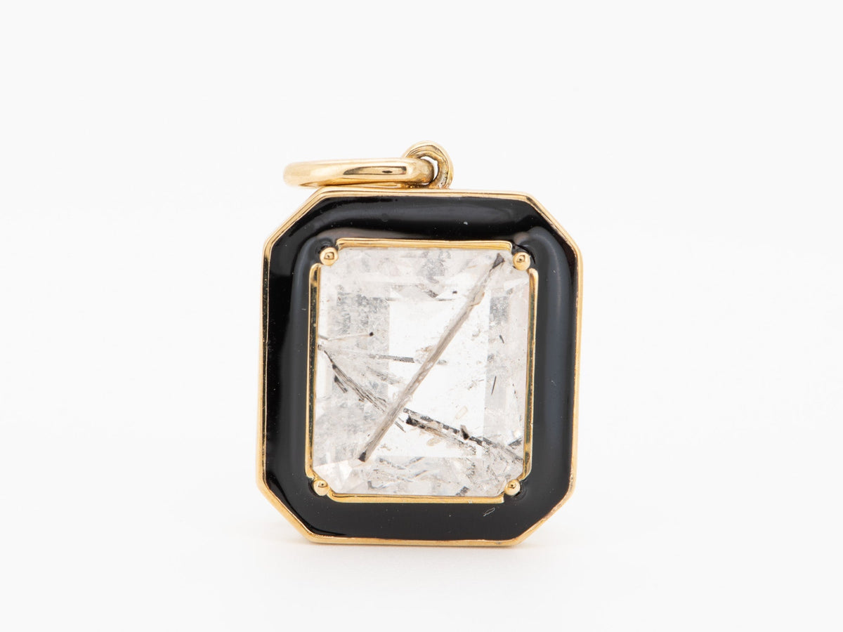 Large Tourmalted Quartz with Black Enamel Halo Pendant Charm 9K Gold R4248 Aurora Designer