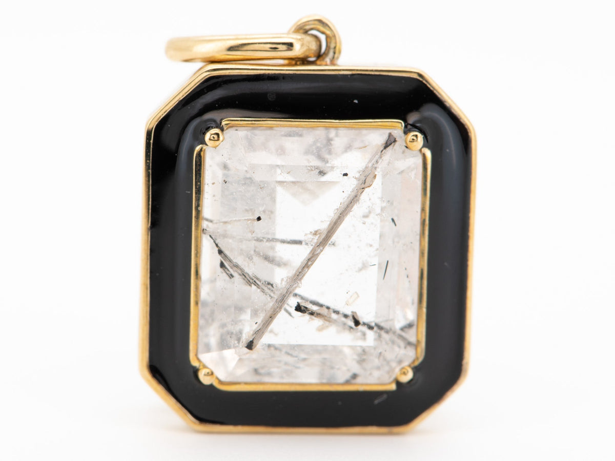 Large Tourmalted Quartz with Black Enamel Halo Pendant Charm 9K Gold R4248 Aurora Designer