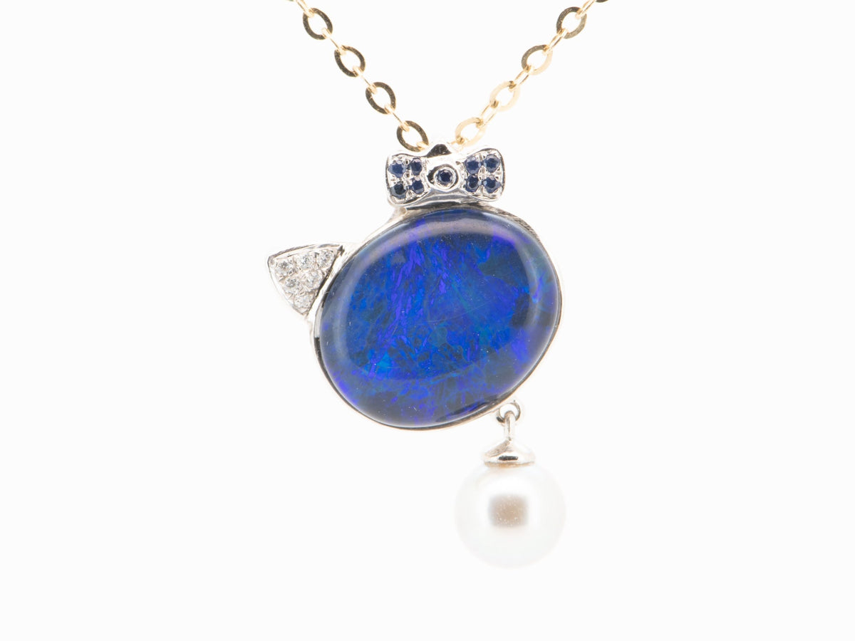 Australian Opal Cat Pendant 18K White Gold R4282 Aurora Designer