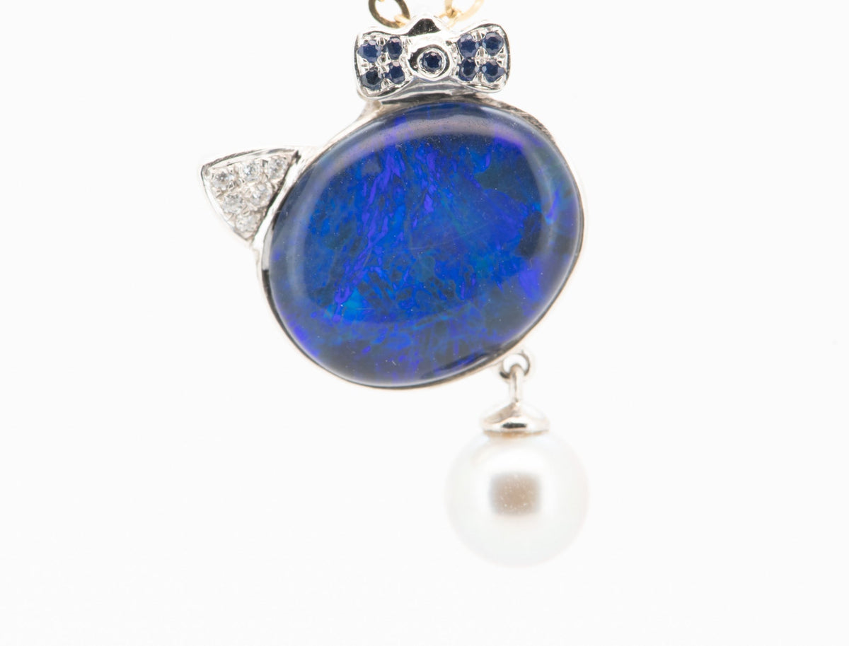Australian Opal Cat Pendant 18K White Gold R4282 Aurora Designer