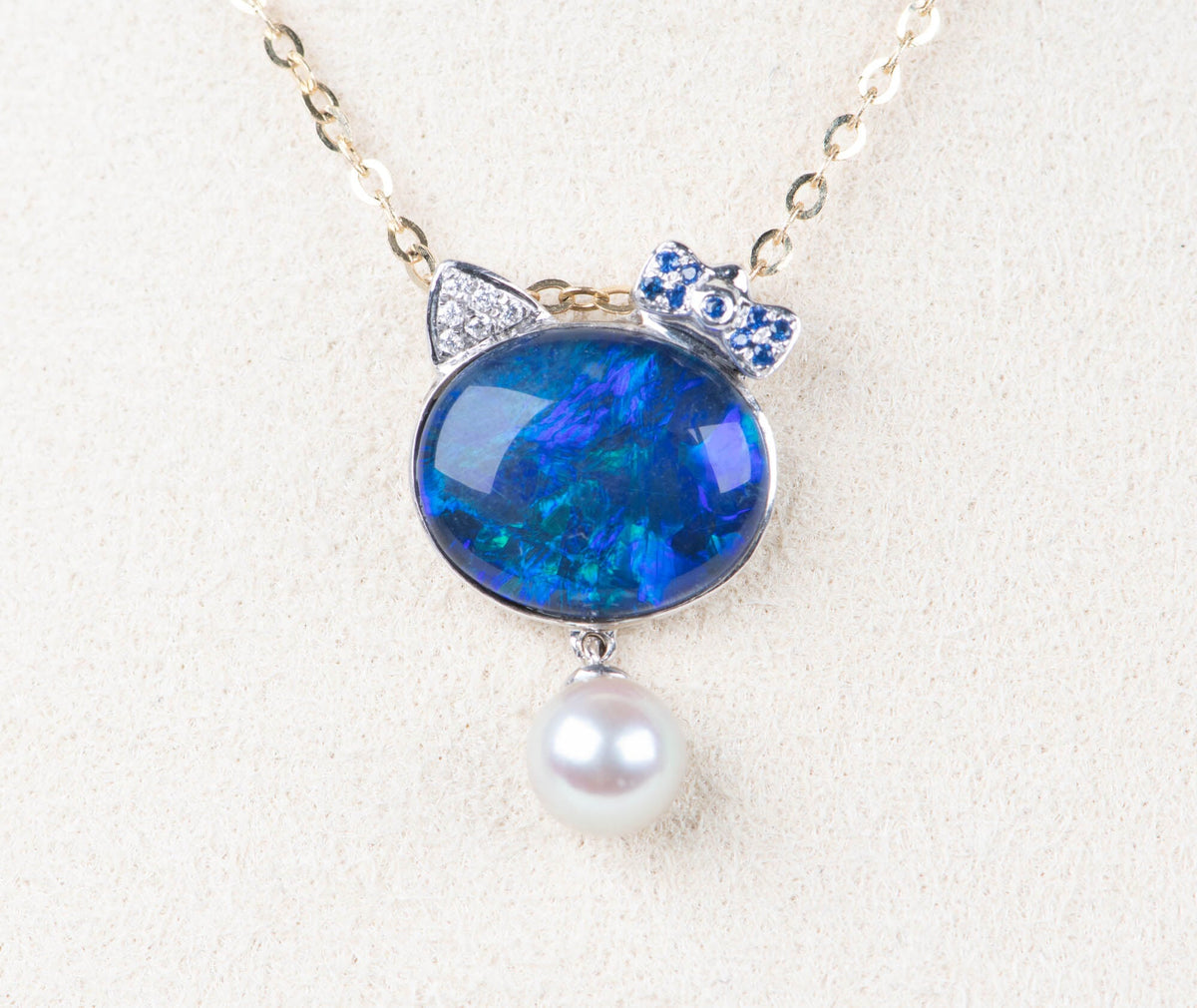 Australian Opal Cat Pendant 18K White Gold R4282 Aurora Designer
